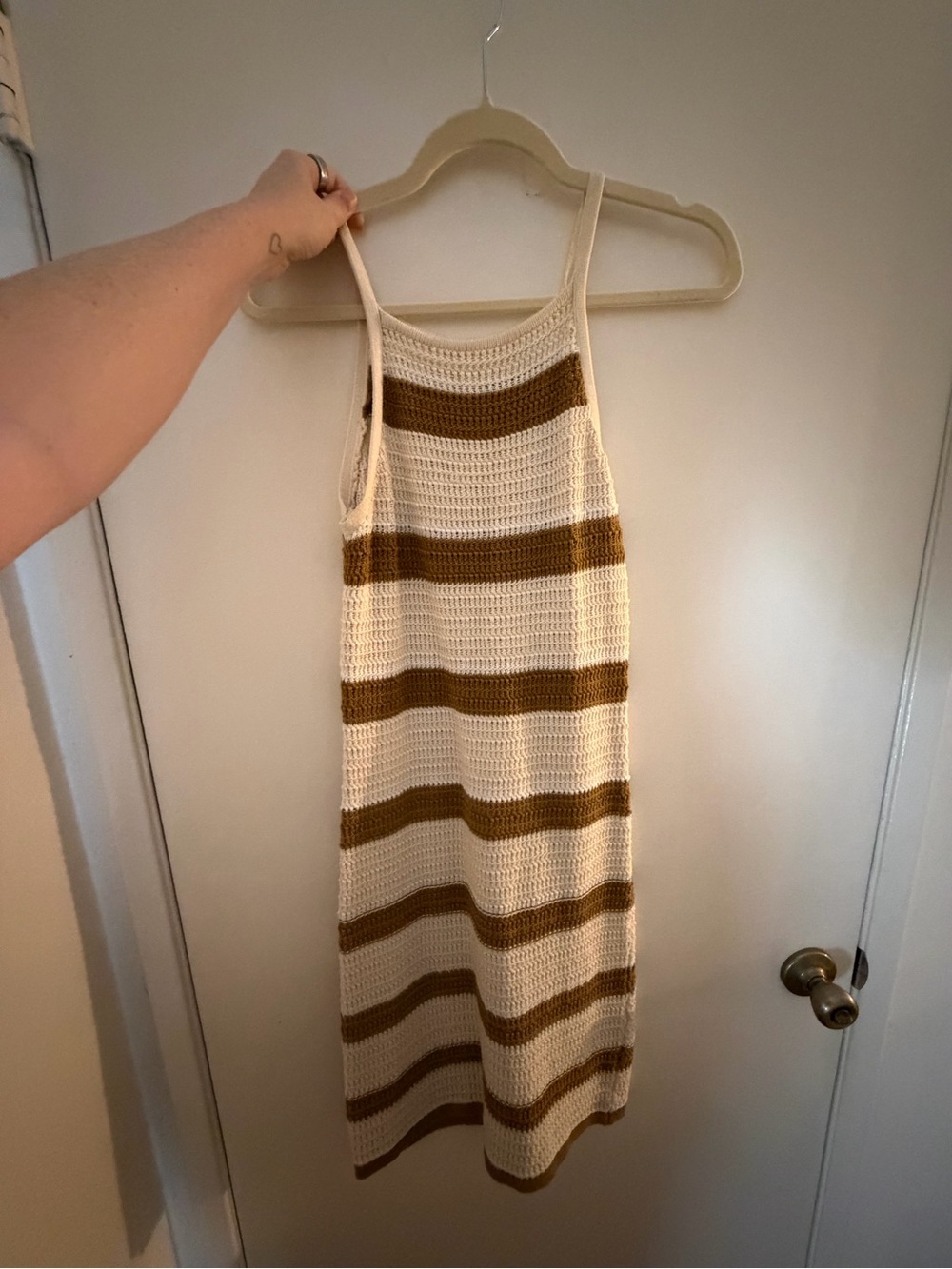 Ghanda Cream and Brown Striped Crochet Midi Dress